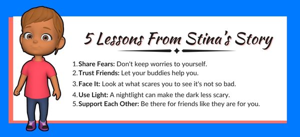 5 lessons from Stina's story with an illustrated child, tips on overcoming fear for kids.