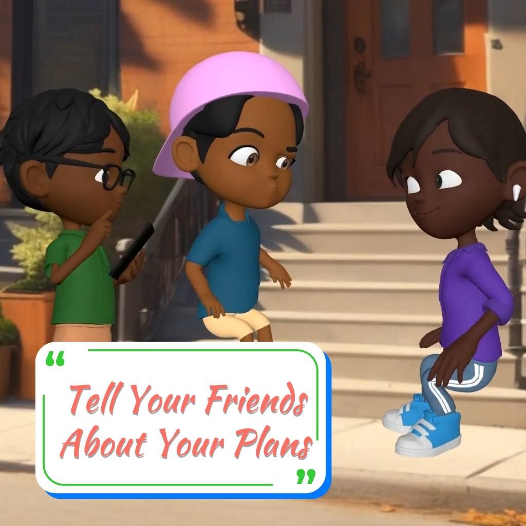 Three children discussing money-making plans on a neighborhood stoop with the text 'Tell Your Friends About Your Plans'.
